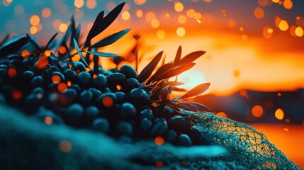 Golden Hour Harvest:  Dark Olives, Sunset Hues, and Fishing Net