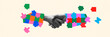 © master1305 - Collage-style artwork. Two arms extending into a handshake, both made from multi-colored puzzle pieces, against a neutral background. Concept of business partnership, collaboration and unity. Banner