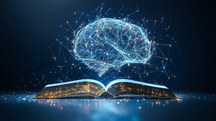 Artificial intelligence creating an ebook with polygonal design of interconnected lines and points on a blue background