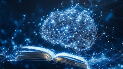 Artificial intelligence creating an ebook with polygonal design of interconnected lines and points on a blue background