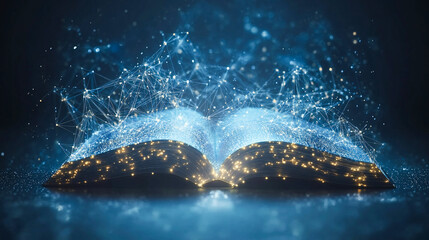 Artificial intelligence creating an ebook with polygonal design of interconnected lines and points on a blue background