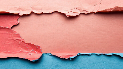 Wall Mural - Crinkled pastel paper background with clean layout, featuring torn edges in shades of pink and blue, creating visually appealing contrast and texture
