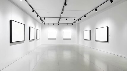 Wall Mural - wide angle view of gallery space with modern track lighting system and blank frames hanging on prist