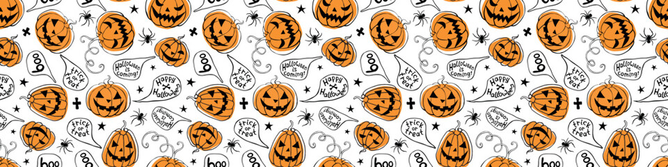 Wall Mural - Vector Seamless pattern with pumpkins, Jack o Lantern. Halloween backgrounds and textures in flat doodle style, isolated.