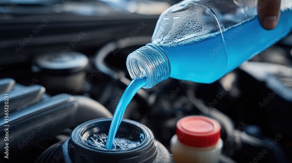 Blue coolant liquid being poured from a bottle into a car