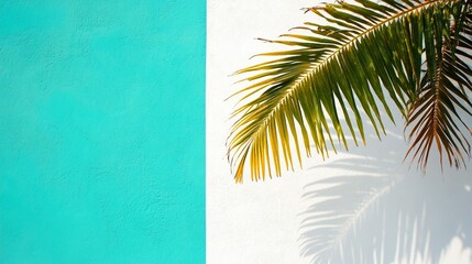 Wall Mural - tropical palm leaf casting delicate shadow on vibrant turquoise background, creating serene minimali