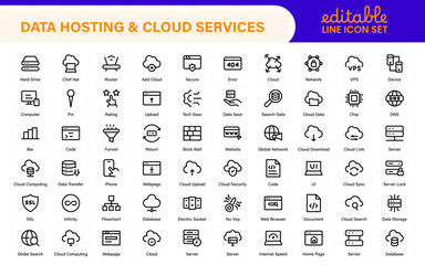 Wall Mural - Data hosting and cloud services icons. Linear style icon bundle.Outline icon collection.