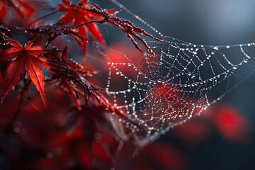 Macro of a dew-covered spider web among red maple leaves, intricate detail, morning light