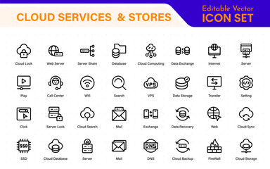 Wall Mural - Cloud services and web hosting icons Set. Linear style icon bundle.Outline icon collection.
