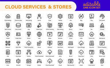 Wall Mural - Cloud services and web hosting icons Set. Linear style icon bundle.Outline icon collection.