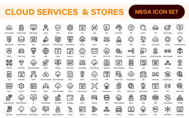Wall Mural - Cloud services and web hosting icons Set. Linear style icon bundle.Outline icon collection.