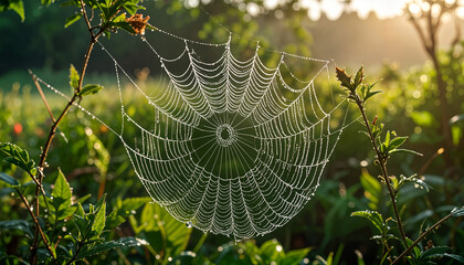 A close-up macro shot of a dew-covered spiderweb at dawn