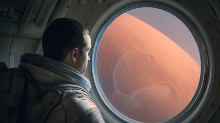 Wall Mural - an astronaut gazes at the rusty landscape of mars from inside a spacecraft