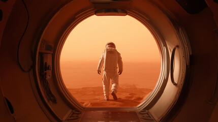 Wall Mural - an astronaut walks out of a spacecraft onto the martian surface, preparing for the establishment of 