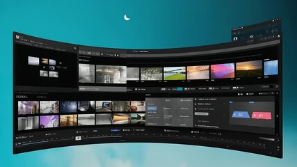 A curved monitor displays a complex, dark interface with various visual elements, a crescent moon above