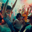 © master1305 - Vibrant party scene with diverse crowd dancing under colorful lights. Concept of nightlife, party, youth, summer, festivity, celebration.