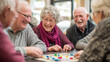 © Naufal - A group of elderly friends laughing and enjoying board games together, sharing joy, friendship, and fun moments in a cozy and lively indoor setting.