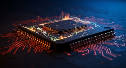 Illuminated Circuit Board with Data Lines and Glowing Digital Connections