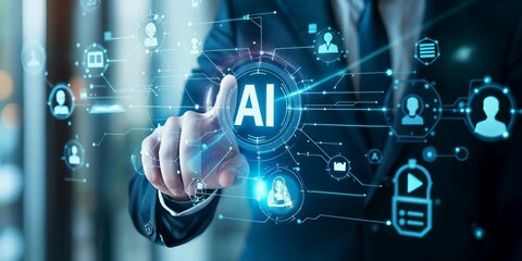Businessman using AI interface on a digital interface, interacting with a holographic display for smart automation, chatbot communication, and virtual assistant functions.