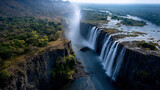 Aerial view of Victoria Falls with cascading water and mist.