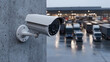 © twc - Surveillance camera mounted on a concrete wall, overlooking a vehicle depot, providing security and monitoring of the commercial transport zone.