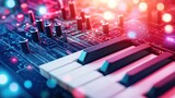Close-up of electronic keyboard with illuminated circuit board.