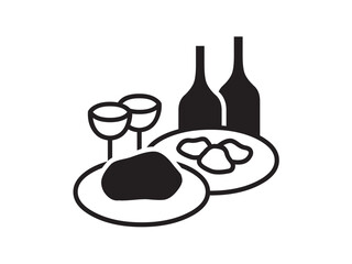 Wall Mural - vector isolated food dishes with wine bottle glass composition colorless black and white flat symbol