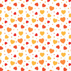 Wall Mural - Autumn fall repeat pattern.Seamless pattern with hearts and polka dots  in orange yellow red isolated on white background.Vector graphic cute valentine background.