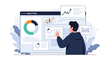Man analyzing data on a computer screen with charts, graphs, and email icon.