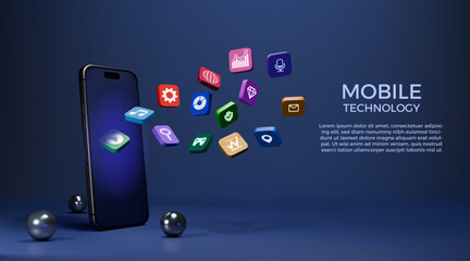 3D app icon. Phone display with application buttons. Social media infographic in multimedia smart technology. Cellphone screen menu symbols. Realistic metal spheres. Vector background