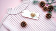 © PNG Seeker - A soft pink sweater with a gift tag and a small heart decoration is displayed on a pink background with pine cones and branches