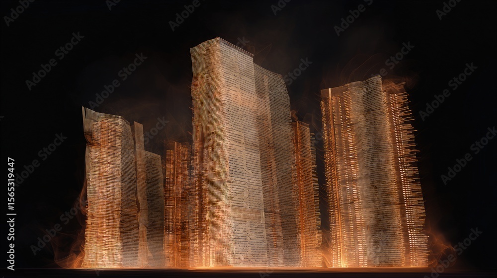 Burning Manuscript Architecture Abstract Skyscrapers constructed from ...