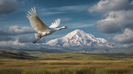 a white bird flies over a field with a snowy mountain in background.