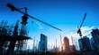© Justlight - A vibrant construction scene capturing the essence of urban growth with a tall building framed by scaffolding construction vehicles and a crane silhouetted against a clear blue sky