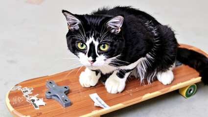  A black and white cat sits on a wooden skateboard.