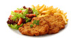 © MDNadim - A plate of fried breaded chicken meat or Schnitzel with French fries and salad isolated on a white background