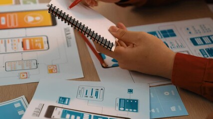 Wall Mural - panorama video of startup company employee planning on user interface prototype for mobile applicati