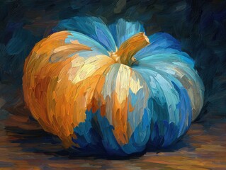 Wall Mural - Oil painting style digital art of an abstract pumpkin shape composed of warm color brush strokes and cool blue highlights, expressive painterly