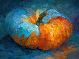 Wall Mural - Oil painting style digital art of an abstract pumpkin shape composed of warm color brush strokes and cool blue highlights, expressive painterly