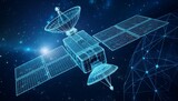 futuristic satellite with intricate wireframe design against a star filled nebula solar panels and internal structure visible technological and modern concept abstract wireframe in dark blue