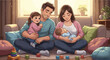 © Len_mik - Cartoon family with breastfeeding mother and father holding daughter at home