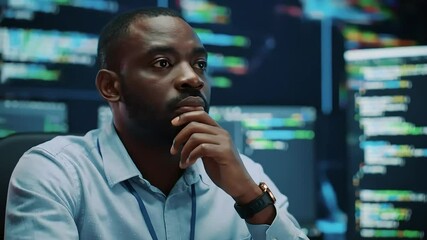 Black male data analyst working intently in server room with code displayed in the background for IT use