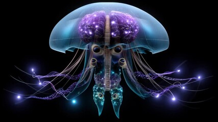 Wall Mural - fantastic bioluminescent jellyfish with neural elements and glowing tentacles