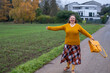 © kittyfly - Natural lifestyle portrait joyful woman in glasses enjoying outdoor walk, matching yellow accessories, Rural lifestyle happiness