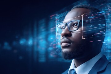 a focused man wearing glasses analyzes digital data visualizations projected in front of him, symbol