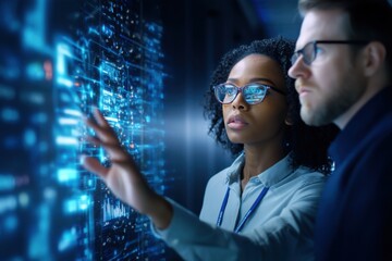 two professionals analyze data on a transparent digital interface in a futuristic high-tech environm