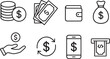© vectoJA - Money and finance line icon set including coins, bills, wallet, money bag, hand with coin, dollar transfer, mobile banking and ATM – black outline vector illustration