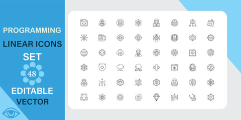 A collection of 48 editable vector linear icons related to programming, software development, and coding. Clean, minimalist design.