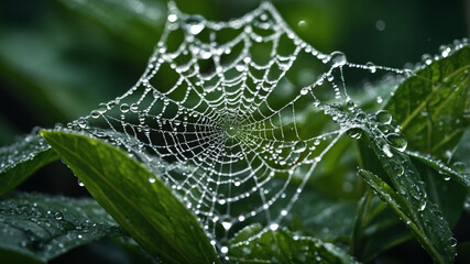 Close-up of delicate spiderweb covered in morning dew on green leaves, nature macro photography, fresh morning, intricate web design