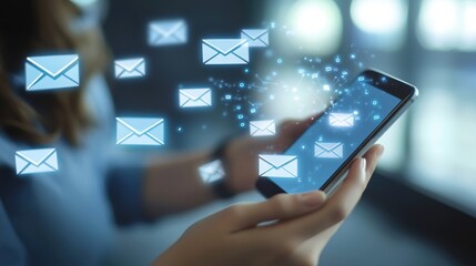 Smartphone Displaying Electronic Mail: Woman's Hand Showcasing Message Interface in Office